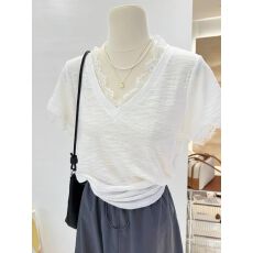 批发胖mm<b class='q'>大码</b><b class='q'>女装</b><b class='q'>韩版</b>韩系时尚蕾丝拼接V领短袖宽松T恤上衣2026新款潮