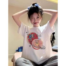 批发精梳纯棉230克纯棉宽松落肩印花短袖T恤夏上衣设计感小众<b class='q'>街头</b>大码