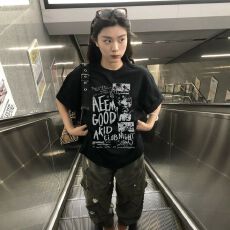 批发精梳纯棉230克纯棉宽松落肩印花短袖T恤夏上衣设计感小众<b class='q'>街头</b>大码