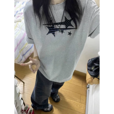 批发精梳纯棉230克纯棉宽松落肩印花短袖T恤夏上衣设计感小众<b class='q'>街头</b>大码