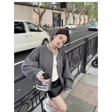 批发美式复古冬季加绒灰色拼接棒球服<b class='q'>女</b>春秋季新款宽松<b class='q'>开衫</b>外套上衣潮