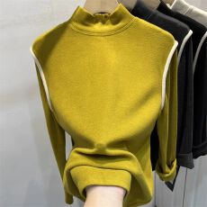 批发2026冬季<b class='q'>新款</b>半高领双面磨毛德绒长袖T恤女拼接内搭打底衫上衣厚