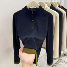 批发半拉链假两件立领长袖<b class='q'>打底衫</b>女秋冬季新款设计感双面德绒修身上衣