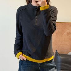 批发秋冬双面绒撞色假两件长袖t恤女半高领三粒扣修身保暖内搭<b class='q'>打底衫</b>