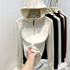 批发秋冬款半拉链连帽卫衣女修身撞色拼接加绒保暖长袖内搭打底上衣潮