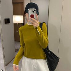 批发秋冬双面绒半高领蕾丝花边t恤女加厚保暖修身内搭长袖<b class='q'>打底衫</b>上衣