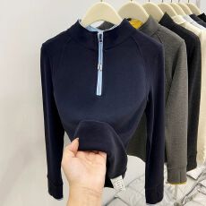 批发撞色立领半拉链露指双面德绒长袖打底衫女秋冬<b class='q'>新款</b>修身内搭上衣