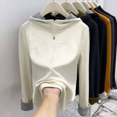 批发撞色连帽半拉链加绒长袖卫衣女冬季新款设计感修身显瘦打底衫上衣