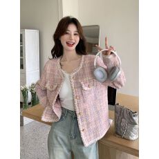批发粉色小香风外套<b class='q'>春秋</b>女2026新款韩系甜美名媛风减龄粗花呢短款上衣