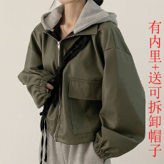 批发韩国chic秋冬复古洋气拉链大口袋休闲宽松百搭短款连帽<b class='q'>皮衣</b><b class='q'>外套</b>女