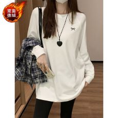 批发德绒韩版慵懒中长款长袖<b class='q'>T</b><b class='q'>恤</b>女秋季外搭鲨鱼<b class='q'>裤</b>蝴蝶结刺绣白色上衣