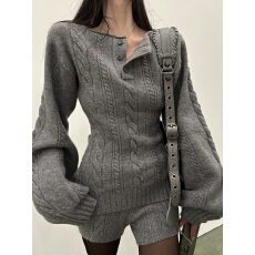 批发韩 灰色套头麻花毛衣女冬修身显瘦亨利领针织上衣