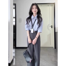 批发法式蓝色条纹衬衫上衣女秋季新款套装宽松通勤衬衣职业正装休闲裤