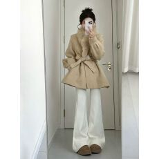 批发法式气质纯色蝴蝶结绑带长袖毛呢外套女装<b class='q'>秋</b>冬季收腰显瘦外穿大衣