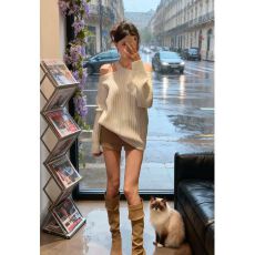 批发2025秋季新款纯欲风辣妹露肩长袖针织上衣女装<b class='q'>高腰</b>百搭<b class='q'>短裤</b>两件套