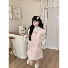 批发甜美<b class='q'>可爱</b>减龄粉色背带连衣裙女春秋内搭波点长袖打底衫上衣两件套
