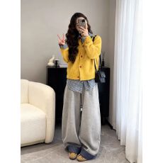 批发黄色单排扣针织开衫毛衣内搭格子长袖<b class='q'>衬衫</b>女冬季宽松阔腿裤三件套