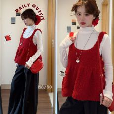 批发韩式温柔甜美圣诞夜氛围感穿搭套装马甲背心<b class='q'>打底</b>衫上衣冬季两件套