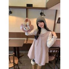 批发甜美减龄风粉色蝴蝶结碎花背心连衣裙女早<b class='q'>春</b>波点打底衫上衣两件套