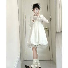 批发韩式简约时尚设计感<b class='q'>打底衫</b>上衣纯色蕾丝拼接花苞背心裙春夏两件套