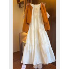 批发温柔风时尚纯色蝴蝶结系带连衣裙<b class='q'>女</b>装夏季叠穿针织开衫上衣两件套