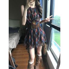 批发假两件格纹挂脖背心<b class='q'>连衣裙</b>女夏季独特别致好看不规则气质<b class='q'>收腰</b>短裙