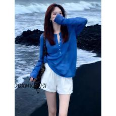 批发慵懒风克莱因蓝色微透T恤防晒罩衫女春新款高腰直筒<b class='q'>短裤</b>时尚套装