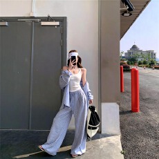 批发松弛感套装宽松<b class='q'>格子</b>polo领长袖<b class='q'>衬衫</b>外套女春夏休闲裤阔腿裤两件套