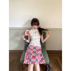 批发大口吃芝士 新中式国风改良大码上衣女夏季通勤微胖气质俏皮套装