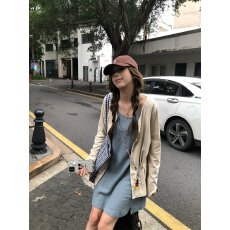 时尚百搭休闲套装杏色宽松防晒开衫女装夏季叠穿背心连衣裙两件套