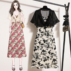 批发实拍大码2026春夏新款微胖女孩气质开衫+洋气印花时尚吊带<b class='q'>连衣裙</b>