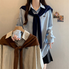 批发实拍~2025秋冬新款条纹长袖<b class='q'>衬衫女</b>披肩设计感<b class='q'>韩版</b>长袖衬衣