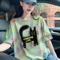 批发原版质量惊吓小猫咪印花<b class='q'>短袖</b><b class='q'>t</b><b class='q'>恤</b>女新款夏季设计小众美式复古