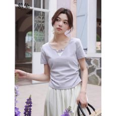 紫色高级感假两件v领短袖t恤女夏季设计感纯欲bm风超好看收腰上衣
