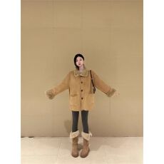 批发2025新款复古风毛领长袖工装夹克外套女秋季保暖显瘦百搭中长上衣