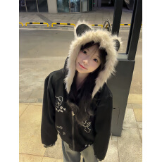 批发2025新品美式复古猫咪刺绣座山雕黑色棉衣棉服超好看女装<b class='q'>外套</b><b class='q'>上衣</b>