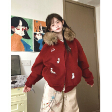 批发420g纯棉加绒 毛领可拆卸 双拉链头 刺绣 酒红色毛领<b class='q'>女装</b><b class='q'>外套</b>上衣