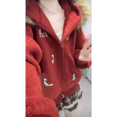 批发420g纯棉加绒 毛领可拆卸 双拉链头 刺绣 酒红色新款<b class='q'>女装</b><b class='q'>外套</b>上衣