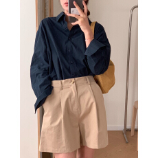 批发春秋款常规藏青色宽松<b class='q'>长袖</b>BF风休闲<b class='q'>女衬衫</b>高级感个性纯棉复古上衣