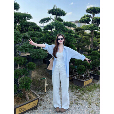 批发浅蓝色超好看清新<b class='q'>开衫</b>款百搭春秋季常规款长袖薄外套衬衣排扣上衣