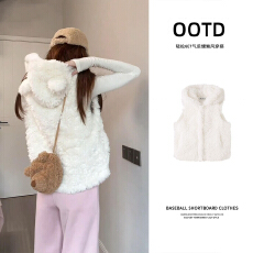 批发小熊耳朵马甲外套女冬季加厚甜美可爱小个子百搭设计感羊羔毛棉服