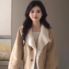 批发秋冬韩系羊羔毛棉衣外套女小个子撞色皮毛一体保暖棉服常规女上衣