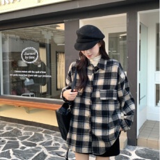 批发黑色复古长袖格子高级感新款衬衫休闲百搭<b class='q'>宽松</b>外套慵懒衬衣开衫