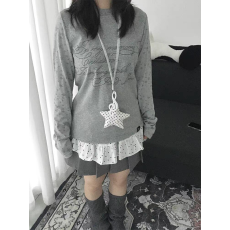 批发美式复古灰色星星印花<b class='q'>长袖</b>t恤女春秋内搭修身连帽<b class='q'>打底衫</b>辣妹上衣