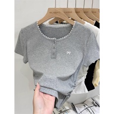 批发灰色蕾丝花边正肩短袖t恤女夏季新款收腰褶皱蝴蝶结短款体恤上衣