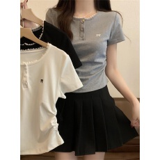 批发灰色蕾丝花边正肩短袖t恤女夏季2026新款褶皱收腰蝴蝶结短款上衣