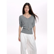 批发灰色V领短袖T恤女夏季新款设计感宽松显瘦百搭<b class='q'>蝙蝠</b>袖半袖辣妹上衣