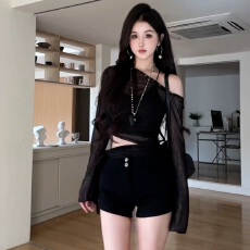 批发纯欲风辣妹性感斜肩<b class='q'>长袖</b>T恤女春夏季新款设计感防晒罩衫薄款上衣