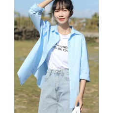 批发【纯棉无口袋】小清新蓝色<b class='q'>衬衫</b>外套女早秋薄款宽松外搭上衣百搭