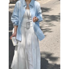 批发【<b class='q'>纯棉</b>无口袋】韩系ins风蓝色POLO领衬衫女2026夏季小个子宽松